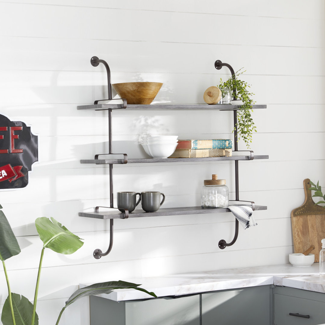 Amie Wood 3 Level Wall Shelf with Black Metal Brackets